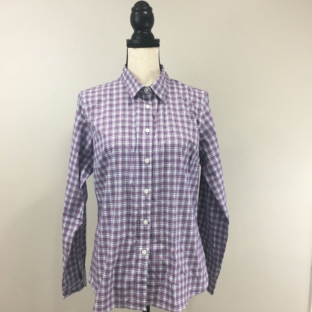LL Bean Medium Plaid Purple White Button Up Blouse